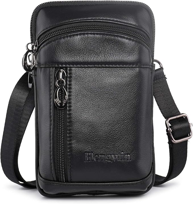 hengwin Small Leather Crossbody Shoulder Bag Men Belt Clip Phone Holster Case Belt Loop Pouch Waist Bag Pack Fit for iPhone 17/16/15/14/13 Pro Max Galaxy Note 9 8 S25/S24/S23 Ultra (Black)