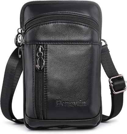 hengwin Small Leather Crossbody Shoulder Bag Men Belt Clip Phone Holster Case Belt Loop Pouch Waist Bag Pack Fit for iPhone 17/16/15/14/13 Pro Max Galaxy Note 9 8 S25/S24/S23 Ultra (Black)