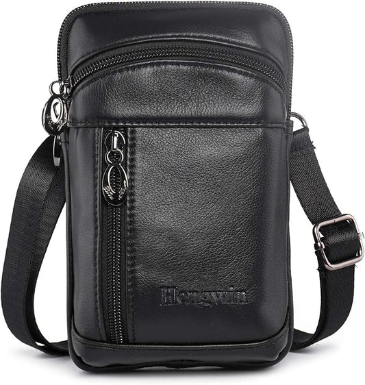 hengwin Small Leather Crossbody Shoulder Bag Men Belt Clip Phone Holster Case Belt Loop Pouch Waist Bag Pack Fit for iPhone 17/16/15/14/13 Pro Max Galaxy Note 9 8 S25/S24/S23 Ultra (Black)
