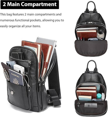 LANNSYNE Full Grain Leather Casual Sling Bag For Men Hiking/Travel/Business Crossbody Chest Bag Fits 12.9" iPad