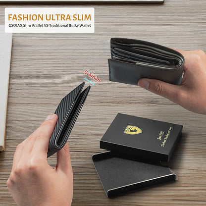 GSOIAX Slim Leather RFID Bifold Wallet for Men Minimalist Front Pocket Wallet with Money Clip,12 Card Slots,ID Window,Cool Groove Design,Includes Gift Box (Carbon Black)