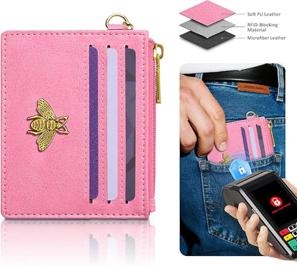 SEAVILIA Card Holder Keychain Wallet for Women with ID Window RFID Blocking Coin Purse Bee Gifts Slim Minimalist Small PU Leather