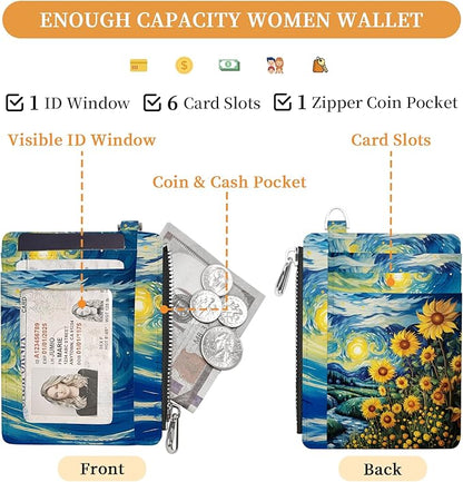 Hancynir Sunflower Starry Night Small Wallet Women Credit Card Holder, Slim RFID Blocking Keychain Card Wallets, Mini Front Pocket PU Leather Thin Travel Zipper Coin Cash Ladies Wallet Organizer Gifts