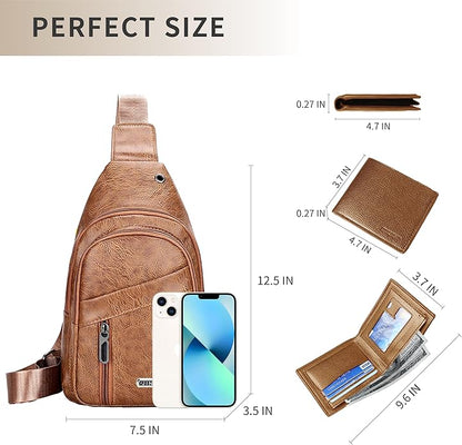 Sling Bag Set, PU Leather Sling Bag, Multi-Zipper Design for Travel, Outdoors, Valentine’s Day Gifts
