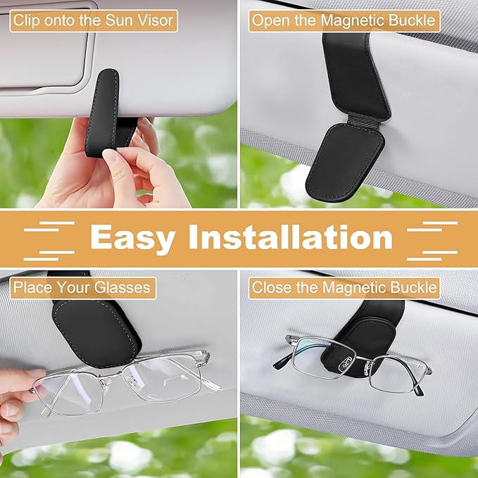 Sunglass Holder for Car, Magnetic Leather Car Sunglass Holder, Visor Sunglasses Holder Clip, Sunglasses Clip for Car Visor, Sunglass Holder for Ticket Card and Different Size Eyeglasses(1 Pack, Black)