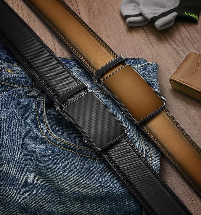 KEMISANT Men Belt 2 Pack, Leather Ratchet Belt Easy Click Slide For Men 1 3/8",Cut for Fit