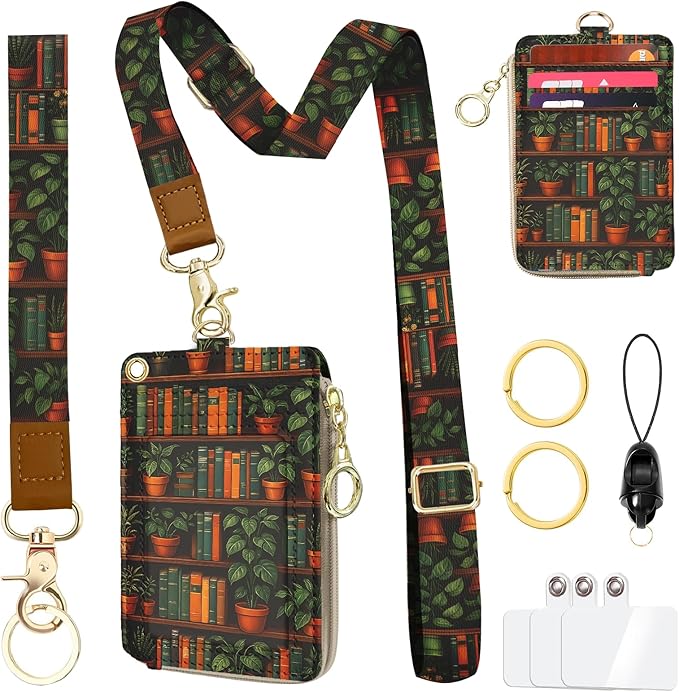 Bookshelf Plant Lanyard for Id Badges, RFID Credit Card Holder Wallet with Neck Lanyard Wristlet,PU Leather ID Case with Adjustable Lanyard Keychain for Women Teacher Student Nurse Office Gift