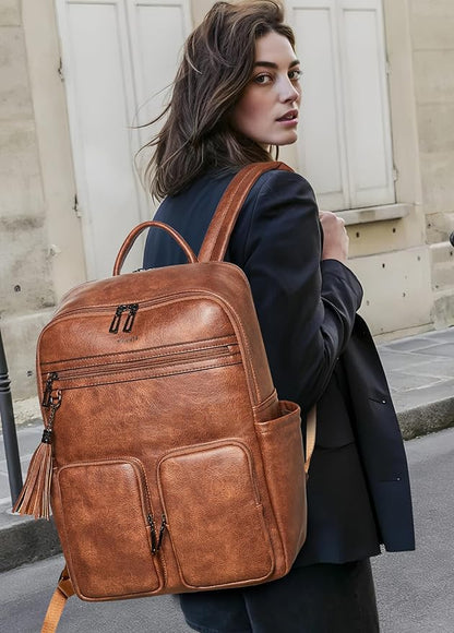 Shrrie Laptop Backpack for Women 16 Inch,Vegan Leather Travel Backpack Purse Work Business Computer Backpacks Teacher Nurse College Laptop Bookbag Casual Daypack,Two-toned Brown