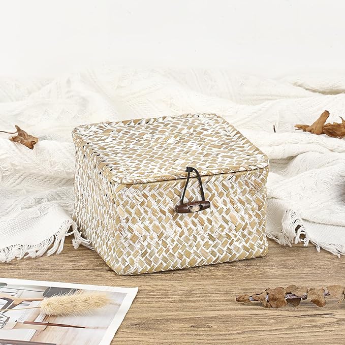 Hipiwe Wicker Shelf Baskets with Lid Handwoven Seagrass Storage Box Decorative Basket Bin Household Organizer Bin for Shelf Bathroom Coffee Table Decor Organizer, X-small
