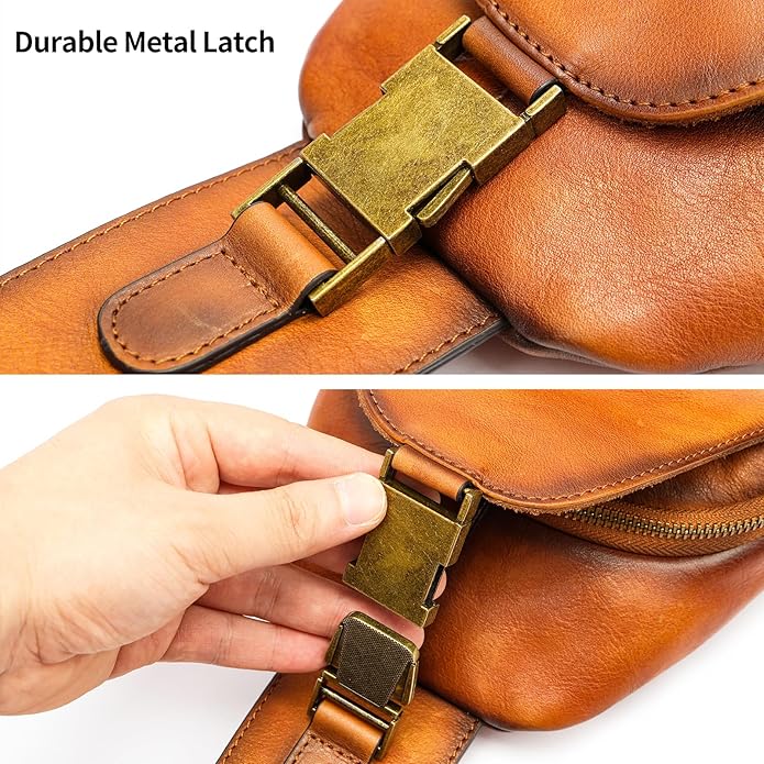 NIUCUNZH Genuine Leather Sling Bag Front Metal-Latch Crossbody Bags Handmade Vintage Chest Shoulder Backpack for Women Men