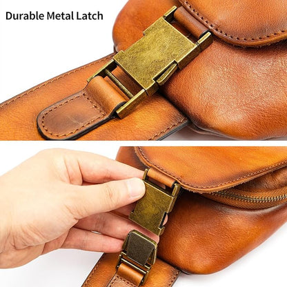 NIUCUNZH Genuine Leather Sling Bag Front Metal-Latch Crossbody Bags Handmade Vintage Chest Shoulder Backpack for Women Men
