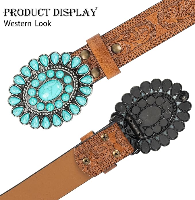 INOGIH Adjustable-Vintage-Western-Cowboy-Belt Women Men - Cowboy-Style Engraved-Buckle Belt for Jeans Pants Dresses