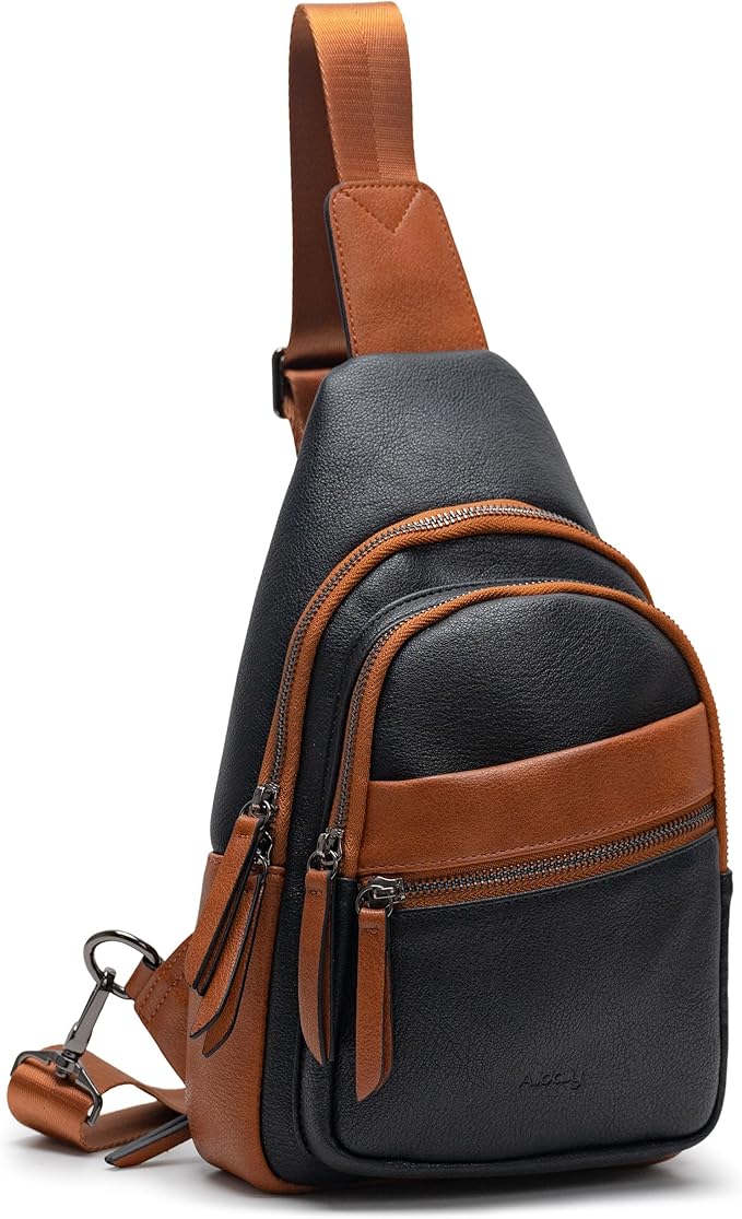 Alldaily Large Sling Bag for Women Crossbody Purse Leather Fashionable Trendy Chest Bag for Travel, Fanny Pack (Brown&Black)