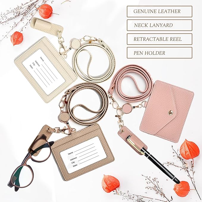 Office Badge Holder - Boshiho Genuine Leather Credit ID Card Holder with Stretch Neck Lanyard and Pen Clip, Gift Box (Horizontal-White)