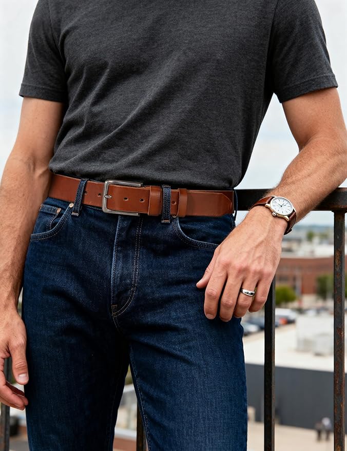 Men's Genuine Leather Belt - 1.5 Inch Casual & Work Belt with Metal Buckle