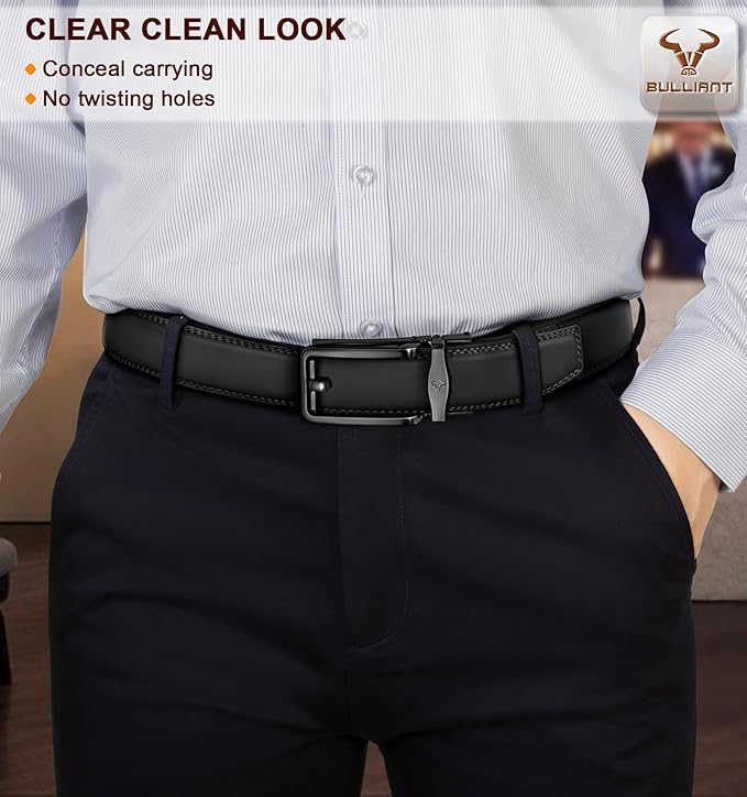 BULLIANT Men Ratchet Belt 2 Pack, Click Sliding Leather Belt Adjustable for Gift Men Dress Casual Jeans 1 3/8,Cut for Fit