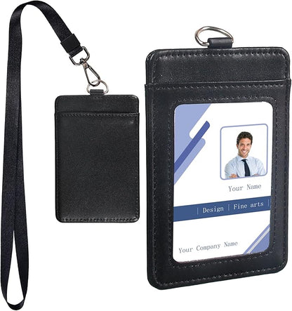 Leather Badge Holder with Adjustable Lanyards,Swivel Metal Clasp for Offices, Staff, Students, Employees(Black)