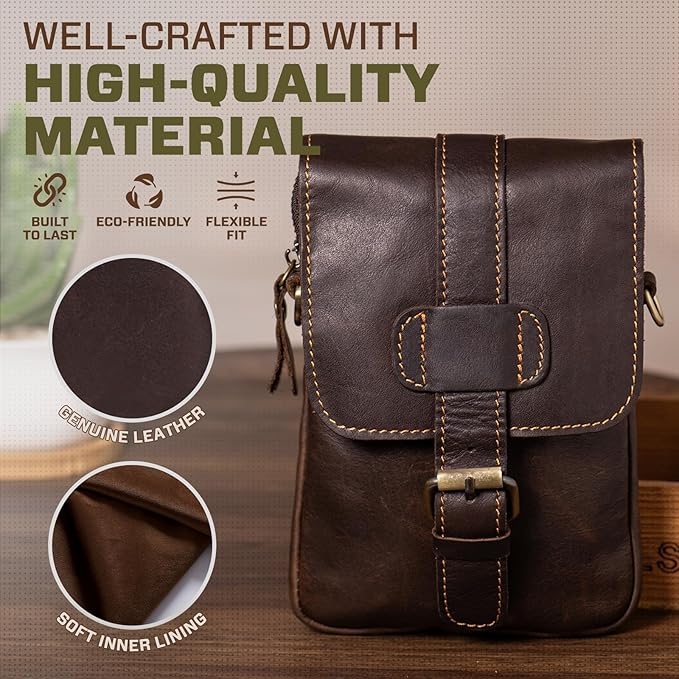Hengwin Leather Crossbody Phone Purse for Men, Belt Pouch with Multi Pockets, Fits for 6.7" Smartphones, Small Messenger Bag Cell Phone Belt Holster Waist Bag for Travel, Hiking, Daily Use (Coffee)