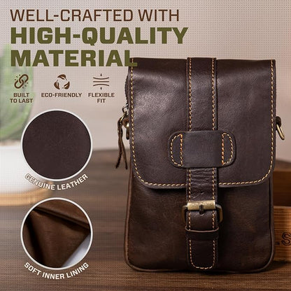 Hengwin Leather Crossbody Phone Purse for Men, Belt Pouch with Multi Pockets, Fits for 6.7" Smartphones, Small Messenger Bag Cell Phone Belt Holster Waist Bag for Travel, Hiking, Daily Use (Coffee)
