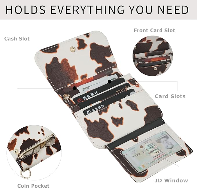 Women Small Wallet RFID Blocking Slim Wallet with Coin Pocket Tri-Fold Credit Card Holder with ID Window and Keychain (Cow)
