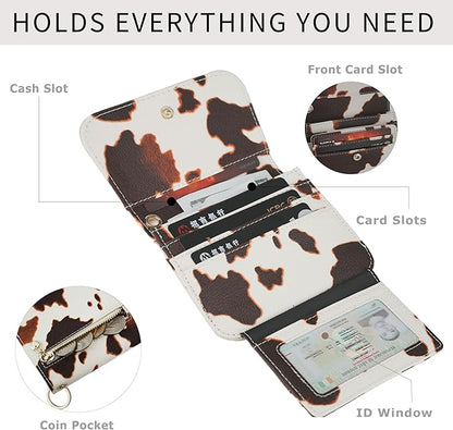 Women Small Wallet RFID Blocking Slim Wallet with Coin Pocket Tri-Fold Credit Card Holder with ID Window and Keychain (Cow)