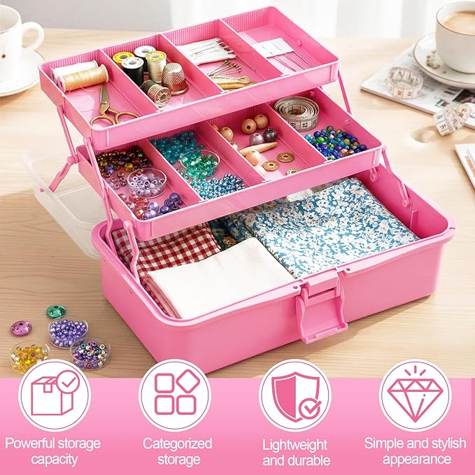 2 Pcs 13 Inch 3-layer Multipurpose Craft Organizers Storage Portable Plastic Tackle Box with Adjustable Spacers and Handled Folding Art Craft Case for Sewing Art Supply Medicine (Pink)