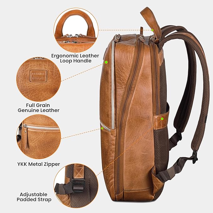 LEATHER VILLAGE Leather Laptop Backpack for Men | Camel Brown | Slim Professional Business Bag Fits 15.6”-Laptop | Water-Repellent Work & Travel Daypack with Trolley Strap
