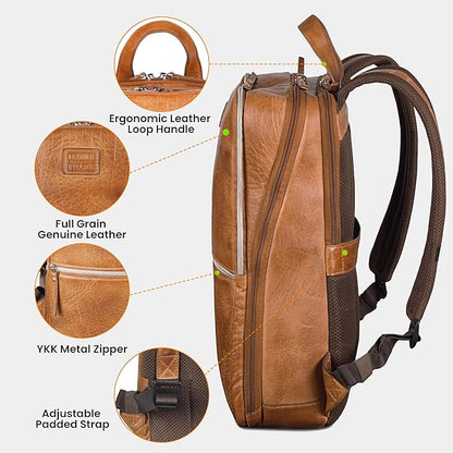 LEATHER VILLAGE Leather Laptop Backpack for Men | Camel Brown | Slim Professional Business Bag Fits 15.6”-Laptop | Water-Repellent Work & Travel Daypack with Trolley Strap