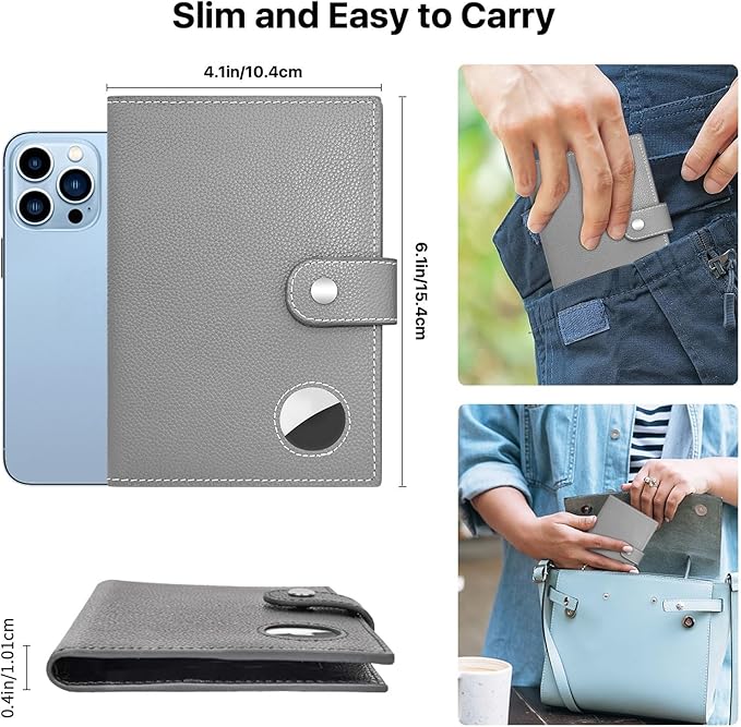 Genuine Leather Passport Holder for Travel, RFID Blocking Passport Wallet with Tracker Holder, Slim Passport Cover Travel Wallet for Women Men, Airport Essentials (Gray)