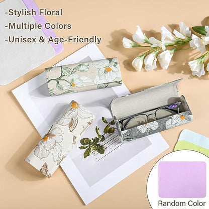 PU Leather Hard Shell Glasses Case, Floral Design Metal Frame, Portable Eyeglass Cases with Cleaning Cloth