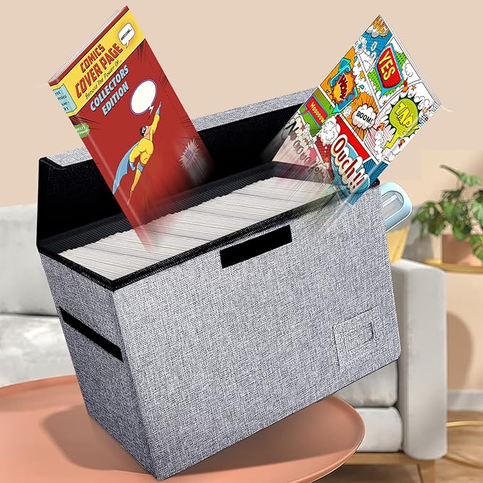 Leffis Comic Book Storage, Box 15.5" X 7.5" X 11.3", Collapsible Comic Short Box with Lids Holds 150 Comics Heavy Duty Comic Book Bin Container (1 pack, grey)