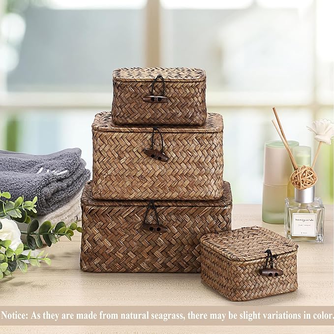 Hipiwe Seagrass Basket Key Holder Box for Entryway Tabletop Desk Organizer with Lid Handwoven Wicker Storage Bin for Hair Ties Candy, 6.1"L x 4.0"W x 3.3"H