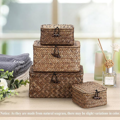 Hipiwe Seagrass Basket Key Holder Box for Entryway Tabletop Desk Organizer with Lid Handwoven Wicker Storage Bin for Hair Ties Candy, 6.1"L x 4.0"W x 3.3"H