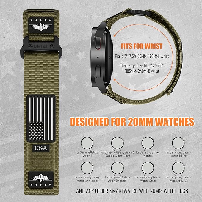 20mm Band Compatible with Samsung Galaxy Watch 7 6 5 4 FE Band 44mm 40mm/Watch 6 4 Classic 47mm 43mm 42mm 46mm/5 Pro 45mm/3 41mm/Active 2 Men,Fabric Nylon Strap for Garmin Vivoactive 5 3/Venu,S