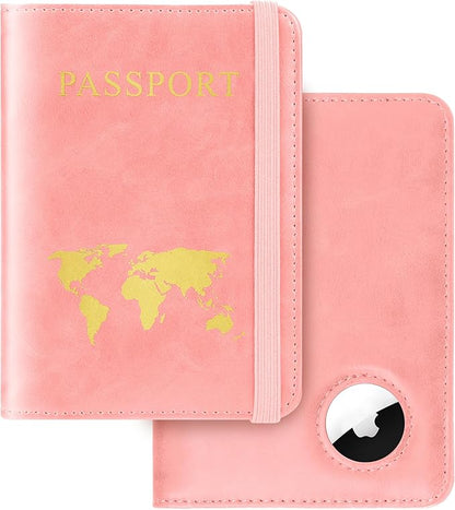 Passport Holder for Travel Women Men - Passport Cover Wallet with Airtag Slot - RFID Blocking PU Leather Passport Holder Case with Card Holder, Pen Slot - Pink