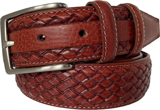 MENS ITALIAN HAND MADE LEATHER BRAID WEAVED EMBOSSED 35MM TROUSER BELT CASUAL FORMAL