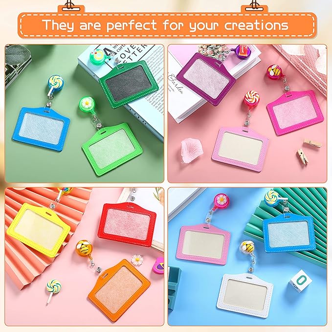 Tenare 48 Sets Retractable Badge Reels Multicolor Name ID Card Holder PU Leather Business Badge Holder Decorative with Clip for Students, Teachers, Nurses, Doctors