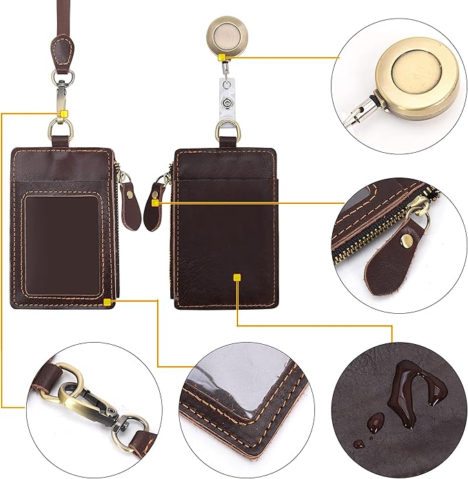 Wonderpool Leather ID Badge Holder with Zipper Wallet Pouch - Card Slots Case Detachable Neck Lanyard and Retractable Badge Reel for Office School Hospital Exhibition ID (Coffee)