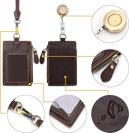 Wonderpool Leather ID Badge Holder with Zipper Wallet Pouch - Card Slots Case Detachable Neck Lanyard and Retractable Badge Reel for Office School Hospital Exhibition ID (Coffee)