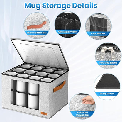 2-Layer Coffee Mug Storage Box with Dividers, Cup Storage Organizer with Zipper Lid and Handles, Stackable China Storage Containers Service for 24 Mugs, Cups and Glasses, Light Grey