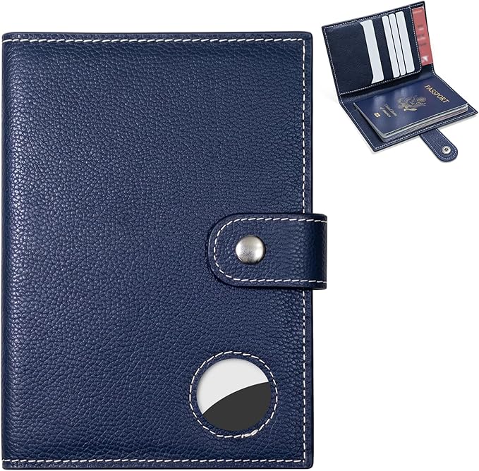 Genuine Leather Passport Holder for Travel, RFID Blocking Passport Wallet with Tracker Holder, Slim Passport Cover Travel Wallet for Women Men, Airport Essentials (Blue)