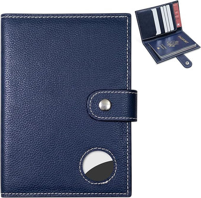 Genuine Leather Passport Holder for Travel, RFID Blocking Passport Wallet with Tracker Holder, Slim Passport Cover Travel Wallet for Women Men, Airport Essentials (Blue)