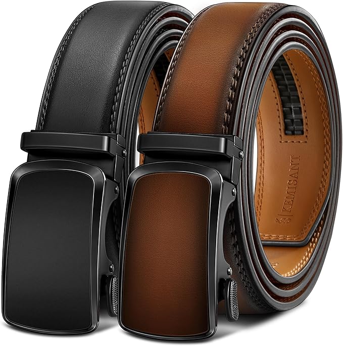 KEMISANT Men Belt 2 Pack, Leather Ratchet Belt Easy Click Slide For Men 1 3/8",Cut for Fit