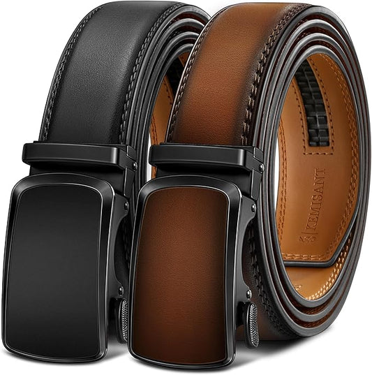 KEMISANT Men Belt 2 Pack, Leather Ratchet Belt Easy Click Slide For Men 1 3/8",Cut for Fit
