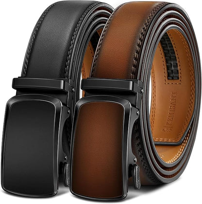 KEMISANT Men Belt 2 Pack, Leather Ratchet Belt Easy Click Slide For Men 1 3/8",Cut for Fit