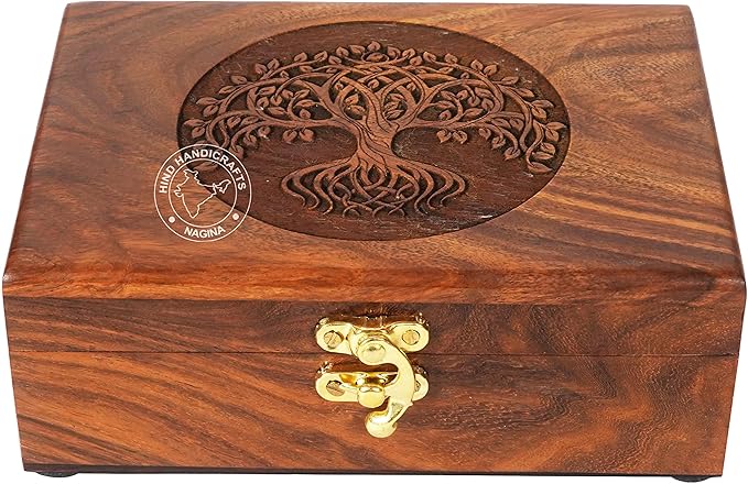 Rosewood Handmade Wooden Urn Tree of Life Engraving Handcarved Jewellery Box for Women-Men Jewel | Home Decor Accents | Decorative Boxes | Storage & Organiser (7" x 5.5" x 3.5", Tree - 12)