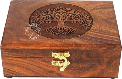 Rosewood Handmade Wooden Urn Tree of Life Engraving Handcarved Jewellery Box for Women-Men Jewel | Home Decor Accents | Decorative Boxes | Storage & Organiser (7" x 5.5" x 3.5", Tree - 12)