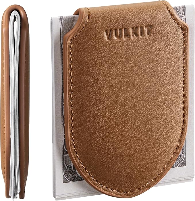 VULKIT Luxury Money Clip Genuine Leather Magnetic Closure Streamline Design Money Clip Wallet, Holds Up to 20 Bills