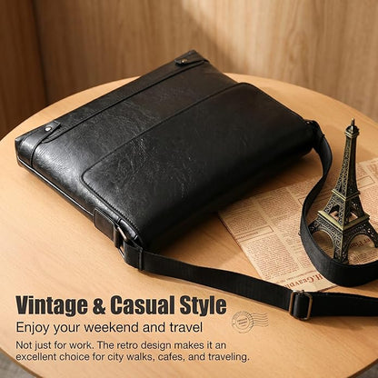 Vintage PU Leather Mens Messenger Bag - Slim Crossbody Shoulder Bag for Work, Travel & Daily Commute Casual Tablet Satchel