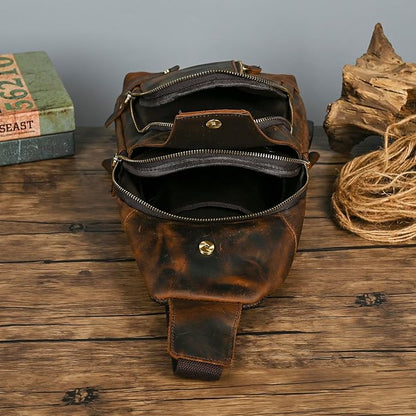 Thick Crazy horse Leather Triangle Crossbody Sling Chest Bag Travel One Shoulder Bag Daypack For Men Male 3028